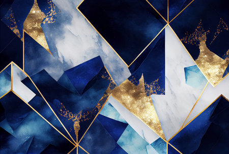 Gold and blue marbling abstract geometric shapes background, watercolor paint texture imitation created with Generative AI technologyの素材