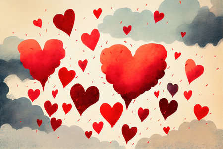 Clouds in a shape of heart floating in the sky, abstract happy valentines day love themed background, watercolor painting created with Generative AI technologyの素材