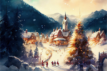 Christmas village winter holiday background, watercolor illustration, created with Generative AI technologyの素材