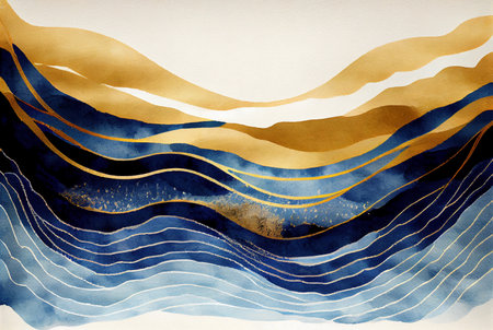 Blue and gold waves gradient lines abstract pattern background, illustration imitating watercolor drawing created with Generative AI technologyの素材