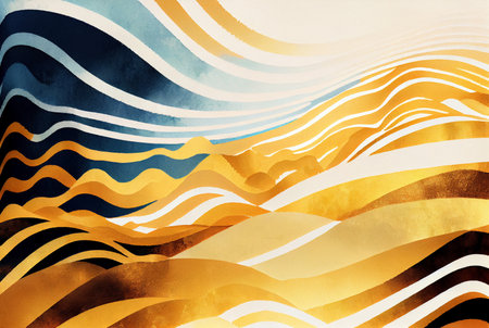 Blue and gold waves gradient lines abstract pattern background, illustration imitating watercolor drawing created with Generative AI technologyの素材