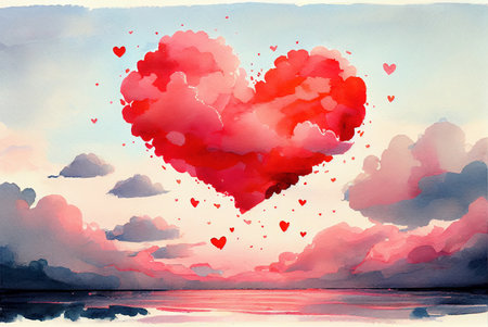 Clouds in a shape of heart floating in the sky, abstract happy valentines day love themed background, watercolor painting created with Generative AI technologyの素材