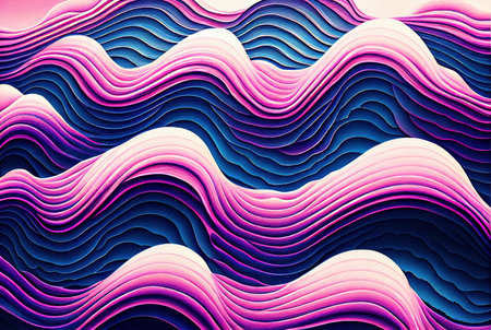 Sea waves pattern abstract background, volumetric purple pink and blue waves texture, imitation of watercolor painting created with Generative AI technologyの素材