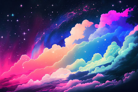 Fantasy dreamy neon night sky with glowing clouds and stars, illustration imitating watercolor drawing created with Generative AI technologyの素材