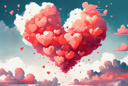 Clouds in a shape of heart floating in the sky, abstract happy valentines day love themed background, watercolor painting created with Generative AI technologyの素材