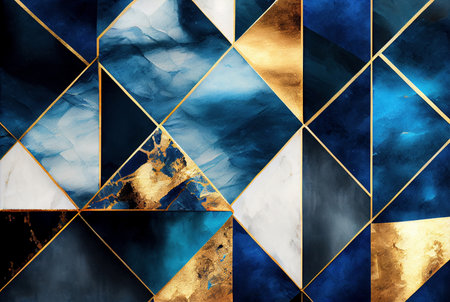Gold and blue marbling abstract geometric shapes background, watercolor paint texture imitation created with Generative AI technologyの素材