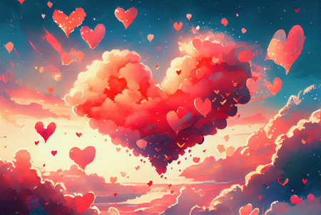 Clouds in a shape of heart floating in the sky, abstract happy valentines day love themed background, watercolor painting created with Generative AI technologyの素材