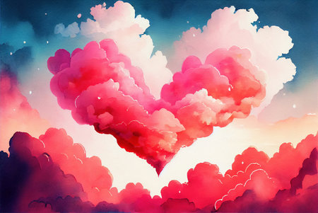 Clouds in a shape of heart floating in the sky, abstract happy valentines day love themed background, watercolor painting created with Generative AI technologyの素材