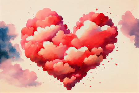 Clouds in a shape of heart floating in the sky, abstract happy valentines day love themed background, watercolor painting created with Generative AI technologyの素材