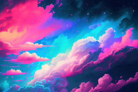 Fantasy dreamy neon night sky with glowing clouds and stars, illustration imitating watercolor drawing created with Generative AI technologyの素材