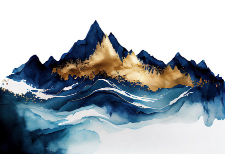 Gold and blue waves and mountains silhouettes watercolor abstract background, created with Generative AI technologyの素材