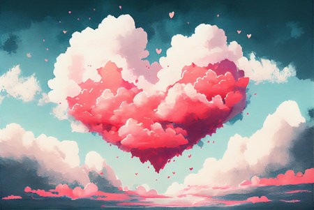 Clouds in a shape of heart floating in the sky, abstract happy valentines day love themed background, watercolor painting created with Generative AI technologyの素材