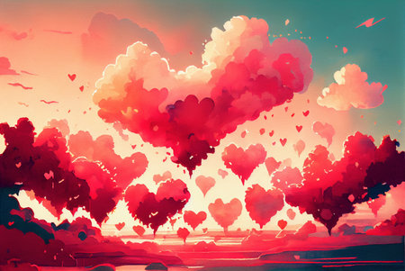 Clouds in a shape of heart floating in the sky, abstract happy valentines day love themed background, watercolor painting created with Generative AI technologyの素材
