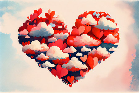 Clouds in a shape of heart floating in the sky, abstract happy valentines day love themed background, watercolor painting created with Generative AI technologyの素材