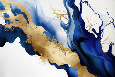 Gold and blue marbling abstract background, watercolor paint texture imitation created with Generative AI technologyの素材
