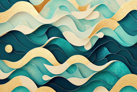 Sea waves pattern abstract background, blue and gold volumetric waves texture, imitation of watercolor painting created with Generative AI technologyの素材