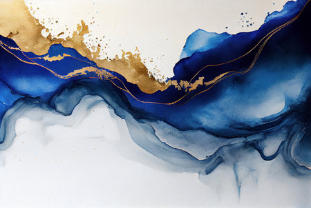Gold and blue marbling abstract background, watercolor paint texture imitation created with Generative AI technologyの素材
