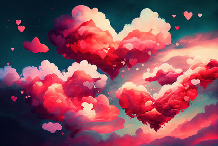 Clouds in a shape of heart floating in the sky, abstract happy valentines day love themed background, watercolor painting created with Generative AI technologyの素材