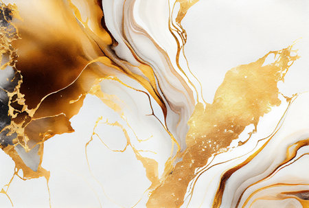 Abstract white and metallic gold luxury marble background, watercolor paint texture imitation created with Generative AI technologyの素材