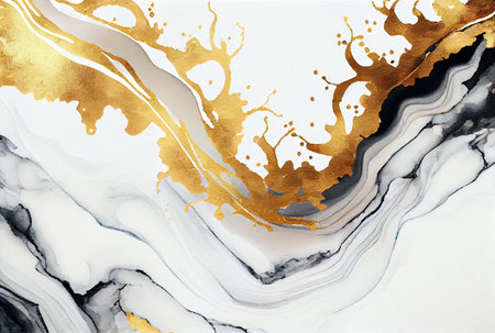Abstract white and metallic gold luxury marble background, watercolor paint texture imitation created with Generative AI technologyの素材