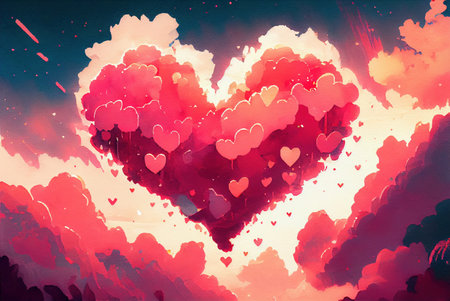 Clouds in a shape of heart floating in the sky, abstract happy valentines day love themed background, watercolor painting created with Generative AI technologyの素材