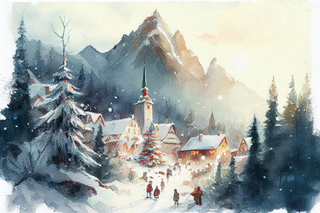 Christmas village winter holiday background, watercolor illustration, created with Generative AI technologyの素材