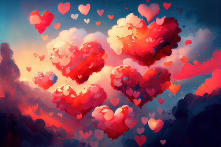 Clouds in a shape of heart floating in the sky, abstract happy valentines day love themed background, watercolor painting created with Generative AI technologyの素材