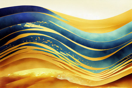 Blue and gold waves gradient lines abstract pattern background, illustration imitating watercolor drawing created with Generative AI technologyの素材