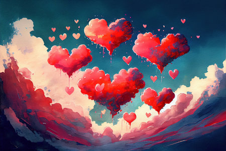 Clouds in a shape of heart floating in the sky, abstract happy valentines day love themed background, watercolor painting created with Generative AI technologyの素材
