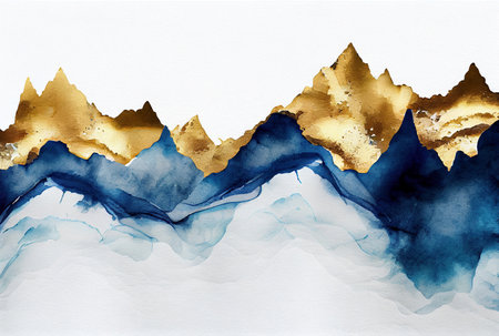 Gold and blue marbling abstract background, golden mountains silhouettes, imitation of watercolor paint and paper texture created with Generative AI technologyの素材