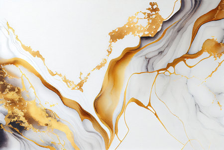 Abstract white and metallic gold luxury marble background, watercolor paint texture imitation created with Generative AI technologyの素材