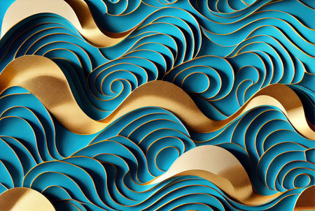 Sea waves pattern abstract background, blue and gold volumetric waves texture, imitation of watercolor painting created with Generative AI technologyの素材