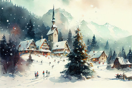 Christmas village winter holiday background, watercolor illustration, created with Generative AI technologyの素材