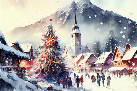 Christmas village winter holiday background, watercolor illustration, created with Generative AI technologyの素材