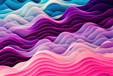 Sea waves pattern abstract background, volumetric purple pink and blue waves texture, imitation of watercolor painting created with Generative AI technologyの素材
