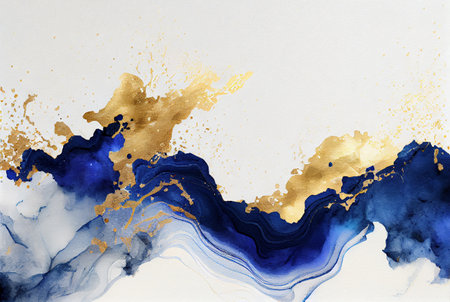 Gold and blue marbling abstract background, watercolor paint texture imitation created with Generative AI technologyの素材