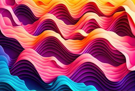 Sea waves pattern abstract background, volumetric purple pink and blue waves texture, imitation of watercolor painting created with Generative AI technologyの素材