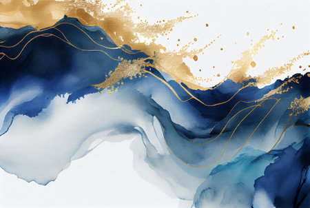Gold and blue marbling abstract background, watercolor paint texture imitation created with Generative AI technologyの素材