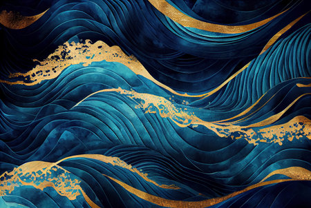 Sea waves pattern abstract background, blue and gold waves texture, imitation of watercolor painting created with Generative AI technologyの素材