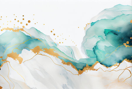 Gold and turquoise marbling abstract background, waves and splashes, imitation of watercolor paint and paper texture created with Generative AI technologyの素材