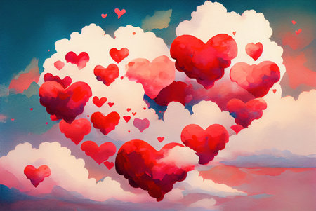 Clouds in a shape of heart floating in the sky, abstract happy valentines day love themed background, watercolor painting created with Generative AI technologyの素材