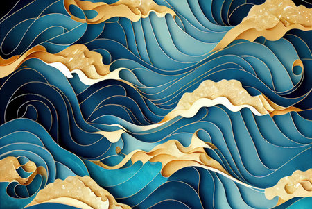 Sea waves pattern abstract background, blue and gold volumetric waves texture, imitation of watercolor painting created with Generative AI technologyの素材