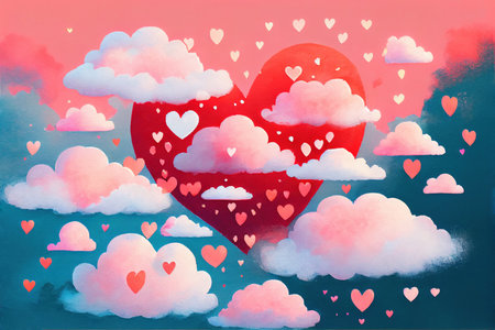Clouds in a shape of heart floating in the sky, abstract happy valentines day love themed background, watercolor painting created with Generative AI technologyの素材