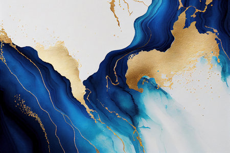Gold and blue marbling abstract background, watercolor paint texture imitation created with Generative AI technologyの素材