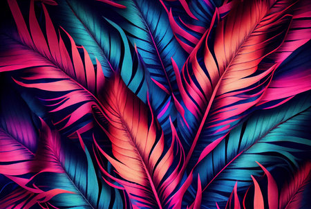 Feathers pattern, vivid purple and blue colored abstract bird feather background, imitation of watercolor painting created with Generative AI technologyの素材
