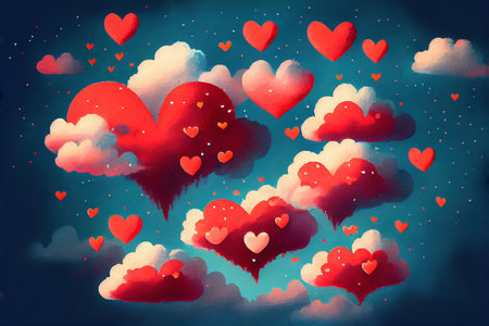 Clouds in a shape of heart floating in the sky, abstract happy valentines day love themed background, watercolor painting created with Generative AI technologyの素材