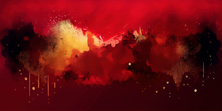 Dark red and gold watercolor texture, abstract grunge banner background, created with Generative AI technologyの素材