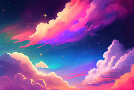 Fantasy dreamy neon night sky with glowing clouds and stars, illustration imitating watercolor drawing created with Generative AI technologyの素材