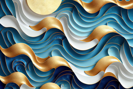 Sea waves pattern abstract background, blue and gold volumetric waves texture, imitation of watercolor painting created with Generative AI technologyの素材