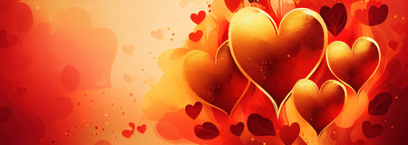 Red and golden hearts banner, romantic love abstract background for wedding or Valentine's day, imitation of watercolor painting created with Generative AI technologyの素材